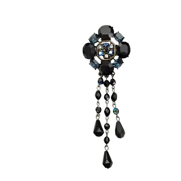 Givenchy Blue Black Rhinestone Cross Round Brooch Dangle Tassel Pin, Signed L992